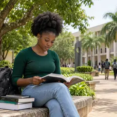 A student reading on campus
