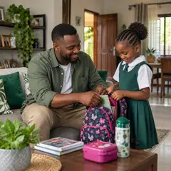 A father helping his daughter prepare for school