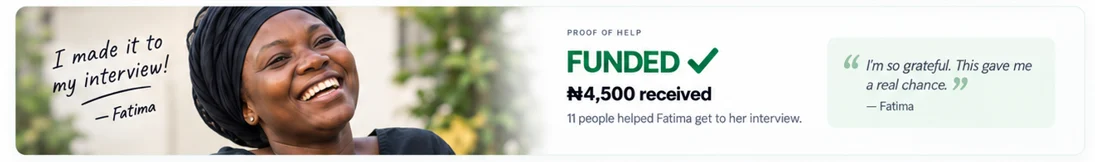 Design example: Fatima smiling after her interview, with an illustrative funded amount of ₦4,500 and a thank-you message.