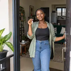 A woman at her apartment doorway