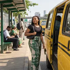 A woman beside a Lagos minibus